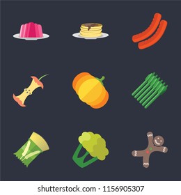 Set Of 9 simple icons such as Gingerbread, Cauliflower, Pasta, Asparagus, Pumpkin, Apple, Sausage, Pancakes, Jelly, can be used for mobile, pixel perfect vector icon pack on black background