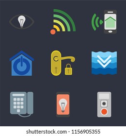 Set Of 9 simple icons such as Intercom, Mobile, Dial, Deep, Handle, Smart home, Smartphone, Wifi, Smart, can be used for mobile, pixel perfect vector icon pack on black background