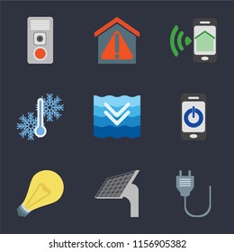 Set Of 9 simple icons such as Plug, Panel, Light, Smartphone, Deep, Temperature, Smart home, Intercom, can be used for mobile, pixel perfect vector icon pack on black background