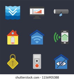 Set Of 9 simple icons such as Smart home, Intercom, Locking, Smartphone, Home, Leak, Dashboard, Deep, can be used for mobile, pixel perfect vector icon pack on black background