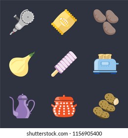 Set Of 9 simple icons such as Potatoes, Pot, Teapot, Toaster, Ice cream, Onion, Chips, Grinder, can be used for mobile, pixel perfect vector icon pack on black background