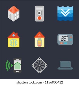 Set Of 9 simple icons such as Laptop, Cooler, Smartphone, Thermostat, Home, Deep, Intercom, can be used for mobile, pixel perfect vector icon pack on black background