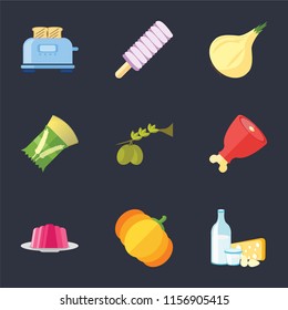 Set Of 9 simple icons such as Dairy, Pumpkin, Jelly, Ham, Olives, Pasta, Onion, Ice cream, Toaster, can be used for mobile, pixel perfect vector icon pack on black background
