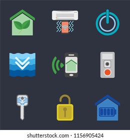 Set Of 9 simple icons such as Smart home, Unlock, key, Intercom, Smartphone, Deep, Power, Air conditioner, can be used for mobile, pixel perfect vector icon pack on black background