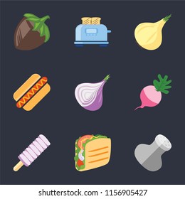 Set Of 9 simple icons such as Salt, Taco, Ice cream, Radish, Onion, Hot dog, Toaster, Hazelnut, can be used for mobile, pixel perfect vector icon pack on black background