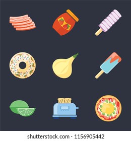 Set Of 9 simple icons such as Pizza, Toaster, Lime, Ice cream, Onion, Doughnut, Jam, Bacon, can be used for mobile, pixel perfect vector icon pack on black background