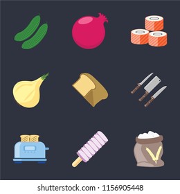 Set Of 9 simple icons such as Flour, Ice cream, Toaster, Knives, Bread, Onion, Sushi, Pomegranate, Cucumber, can be used for mobile, pixel perfect vector icon pack on black background