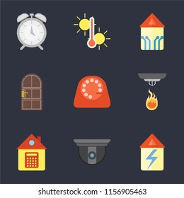 Set Of 9 simple icons such as Home, Security camera, Sensor, Dial, Door, Smart home, Temperature, Alarm, can be used for mobile, pixel perfect vector icon pack on black background