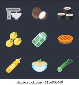 Set Of 9 simple icons such as Chives, Pasta, Mustard, Pie, Pickles, Pistachio, Sushi, Coconut, Mixer, can be used for mobile, pixel perfect vector icon pack on black background