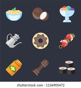 Set Of 9 simple icons such as Sushi, Pepper, Honey, Kebab, Doughnut, Teapot, Ice cream, Coconut, Pasta, can be used for mobile, pixel perfect vector icon pack on black background