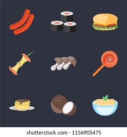 Set Of 9 simple icons such as Pasta, Coconut, Pancakes, Jawbreaker, Mushrooms, Apple, Hamburguer, Sushi, Sausage, can be used for mobile, pixel perfect vector icon pack on black background