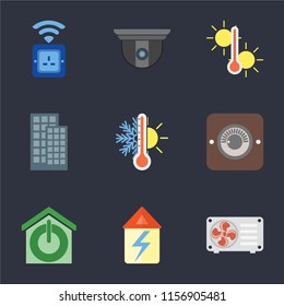 Set Of 9 simple icons such as Air conditioner, Home, Smart home, Dimmer, Thermostat, Temperature, Security camera, Socket, can be used for mobile, pixel perfect vector icon pack on black