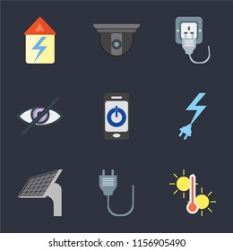 Set Of 9 simple icons such as Temperature, Plug, Panel, Power, Smartphone, Blind, Security camera, Home, can be used for mobile, pixel perfect vector icon pack on black background