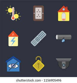 Set Of 9 simple icons such as Security camera, Locked, Smart home, Leak, Remote, Home, Plug, Temperature, can be used for mobile, pixel perfect vector icon pack on black background