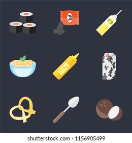 Set Of 9 simple icons such as Coconut, Spoon, Pretzel, Milk, Mustard, Pasta, Oil, Seeds, Sushi, can be used for mobile, pixel perfect vector icon pack on black background