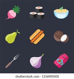 Set Of 9 simple icons such as Jam, Onion, Fork, Coconut, Hot dog, Pear, Pasta, Sushi, Radish, can be used for mobile, pixel perfect vector icon pack on black background
