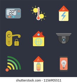 Set Of 9 simple icons such as Mobile, Home, Wifi, Security camera, Handle, Temperature, Thermostat, can be used for mobile, pixel perfect vector icon pack on black background