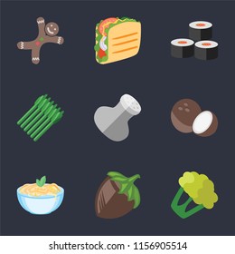 Set Of 9 simple icons such as Cauliflower, Hazelnut, Pasta, Coconut, Salt, Asparagus, Sushi, Taco, Gingerbread, can be used for mobile, pixel perfect vector icon pack on black background