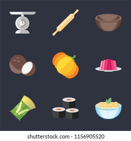 Set Of 9 simple icons such as Pasta, Sushi, Jelly, Pumpkin, Coconut, Bowl, Rolling pin, Scale, can be used for mobile, pixel perfect vector icon pack on black background
