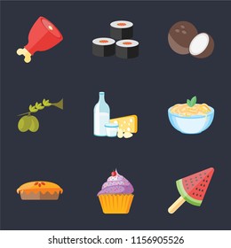 Set Of 9 simple icons such as Ice cream, Cupcake, Pie, Pasta, Dairy, Olives, Coconut, Sushi, Ham, can be used for mobile, pixel perfect vector icon pack on black background
