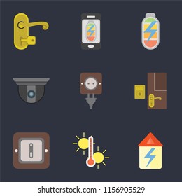 Set Of 9 simple icons such as Home, Temperature, Switch, Doorbell, Plug, Security camera, Power, Mobile phone, Handle, can be used for mobile, pixel perfect vector icon pack on black background