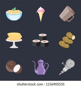 Set Of 9 simple icons such as Grinder, Teapot, Coconut, Potatoes, Sushi, Pancakes, Mug, Ice cream, Pasta, can be used for mobile, pixel perfect vector icon pack on black background