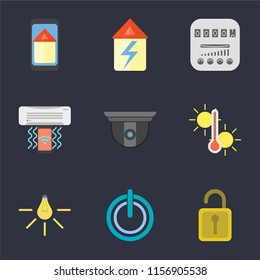 Set Of 9 simple icons such as Unlock, Power, Light, Temperature, Security camera, Air conditioner, Meter, Home, Smart home, can be used for mobile, pixel perfect vector icon pack on black background
