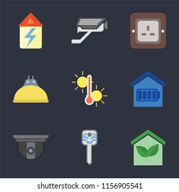 Set Of 9 simple icons such as Smart home, key, Security camera, Temperature, Lightbulb, Plug, Cctv, Home, can be used for mobile, pixel perfect vector icon pack on black background