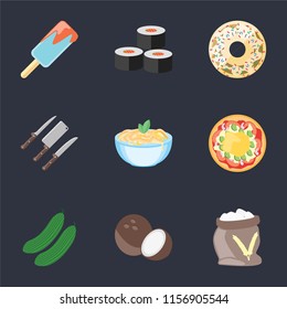 Set Of 9 simple icons such as Flour, Coconut, Cucumber, Pizza, Pasta, Knives, Doughnut, Sushi, Ice cream, can be used for mobile, pixel perfect vector icon pack on black background