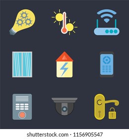 Set Of 9 simple icons such as Handle, Security camera, Intercom, Remote, Home, Window, Modem, Temperature, Smart, can be used for mobile, pixel perfect vector icon pack on black background