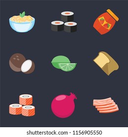 Set Of 9 simple icons such as Bacon, Pomegranate, Sushi, Bread, Lime, Coconut, Jam, Pasta, can be used for mobile, pixel perfect vector icon pack on black background