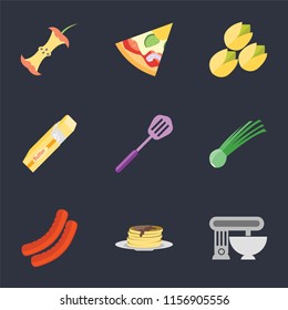 Set Of 9 simple icons such as Mixer, Pancakes, Sausage, Chives, Spatula, Butter, Pistachio, Pizza, Apple, can be used for mobile, pixel perfect vector icon pack on black background