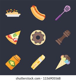 Set Of 9 simple icons such as Ice cream, Butter, Honey, Pepper, Doughnut, Pizza, Spatula, Hot dog, Risotto, can be used for mobile, pixel perfect vector icon pack on black background