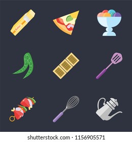 Set Of 9 simple icons such as Teapot, Whisk, Kebab, Spatula, Biscuit, Peas, Ice cream, Pizza, Butter, can be used for mobile, pixel perfect vector icon pack on black background