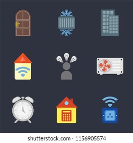 Set Of 9 simple icons such as Socket, Home, Alarm, Air conditioner, Smart, Automation, Smart home, Cool, Door, can be used for mobile, pixel perfect vector icon pack on black background