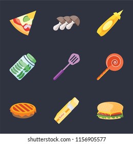 Set Of 9 simple icons such as Hamburguer, Butter, Pie, Jawbreaker, Spatula, Pickles, Mustard, Mushrooms, Pizza, can be used for mobile, pixel perfect vector icon pack on black background