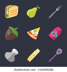 Set Of 9 simple icons such as Spatula, Butter, Salt, Jam, Pizza, Hazelnut, Fork, Pear, Taco, can be used for mobile, pixel perfect vector icon pack on black background