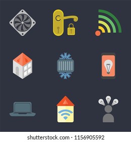 Set Of 9 simple icons such as Smart, Automation, Laptop, Mobile, Cool, Home, Wifi, Handle, Cooler, can be used for mobile, pixel perfect vector icon pack on black background
