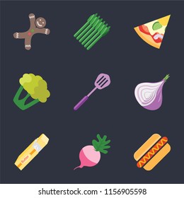 Set Of 9 simple icons such as Hot dog, Radish, Butter, Onion, Spatula, Cauliflower, Pizza, Asparagus, Gingerbread, can be used for mobile, pixel perfect vector icon pack on black background