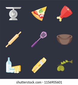 Set Of 9 simple icons such as Olives, Butter, Dairy, Bowl, Spatula, Rolling pin, Ham, Pizza, Scale, can be used for mobile, pixel perfect vector icon pack on black background
