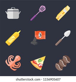 Set Of 9 simple icons such as Coffee, Pizza, Octopus, Spoon, Seeds, Mustard, Butter, Spatula, Pot, can be used for mobile, pixel perfect vector icon pack on black background