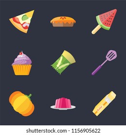 Set Of 9 simple icons such as Butter, Jelly, Pumpkin, Spatula, Pasta, Cupcake, Ice cream, Pie, Pizza, can be used for mobile, pixel perfect vector icon pack on black background