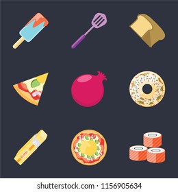 Set Of 9 simple icons such as Sushi, Pizza, Butter, Doughnut, Pomegranate, Bread, Spatula, Ice cream, can be used for mobile, pixel perfect vector icon pack on black background