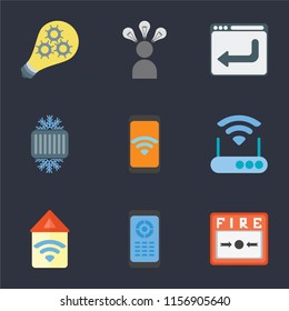 Set Of 9 simple icons such as Fire alarm, Remote, Automation, Modem, Mobile, Cool, Browser, Smart, can be used for mobile, pixel perfect vector icon pack on black background