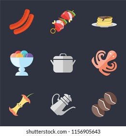 Set Of 9 simple icons such as Coffee, Teapot, Apple, Octopus, Pot, Ice cream, Pancakes, Kebab, Sausage, can be used for mobile, pixel perfect vector icon pack on black background
