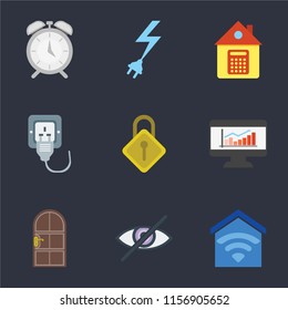 Set Of 9 simple icons such as Smart home, Blind, Door, Dashboard, Locking, Plug, Home, Power, Alarm, can be used for mobile, pixel perfect vector icon pack on black background
