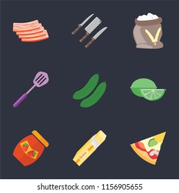 Set Of 9 simple icons such as Pizza, Butter, Jam, Lime, Cucumber, Spatula, Flour, Knives, Bacon, can be used for mobile, pixel perfect vector icon pack on black background