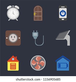 Set Of 9 simple icons such as Smart home, Fan, Home, Panel, Plug, Smartphone, Door, Alarm, can be used for mobile, pixel perfect vector icon pack on black background