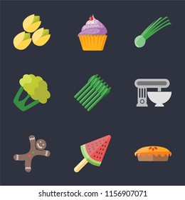 Set Of 9 simple icons such as Pie, Ice cream, Gingerbread, Mixer, Asparagus, Cauliflower, Chives, Cupcake, Pistachio, can be used for mobile, pixel perfect vector icon pack on black background