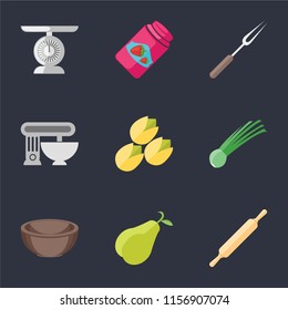 Set Of 9 simple icons such as Rolling pin, Pear, Bowl, Chives, Pistachio, Mixer, Fork, Jam, Scale, can be used for mobile, pixel perfect vector icon pack on black background